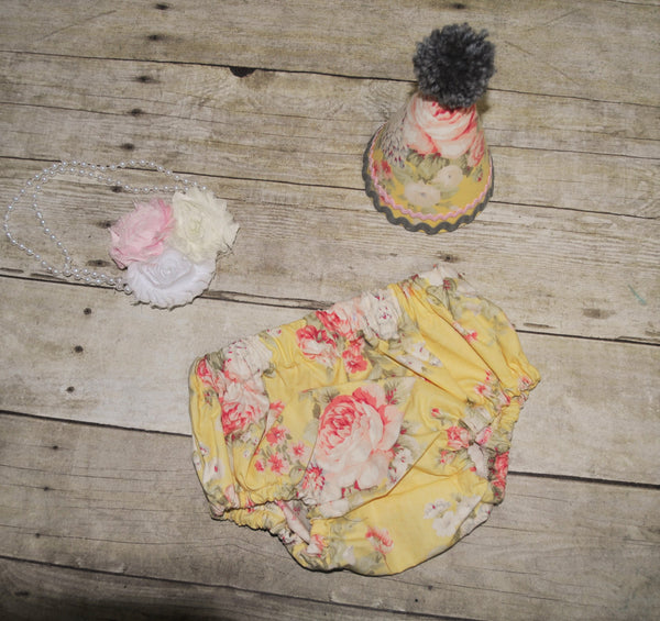girl cake smash outfit, Girls Birthday outfit, vintage roses, pear necklace, first birthday outfit, pink, yellow and gray