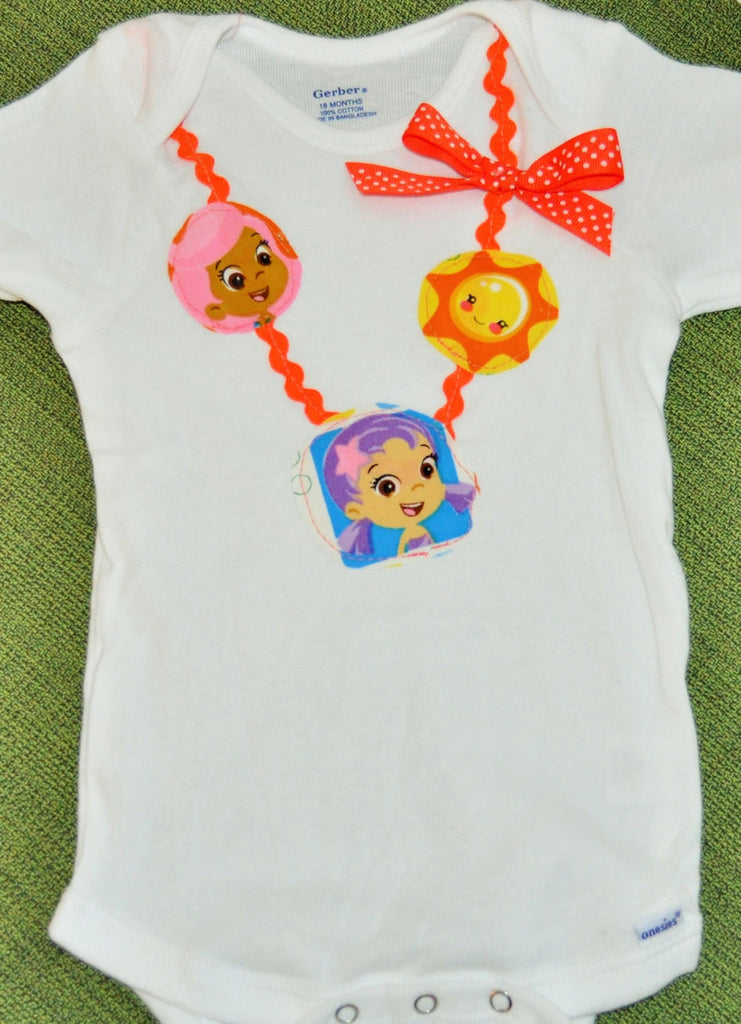 girl Bubble Guppies bodysuit Bubble Guppies necklace with Bubble Guppies images with orange polka dot bow, Girl bodysuit romper.