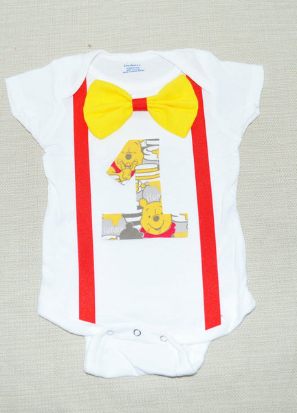 Pooh birthday bodysuit with bowtie and suspenders, winnie the pooh Outfit, winnie the pooh Shirt Cake smash 1st 2nd 3rd bday