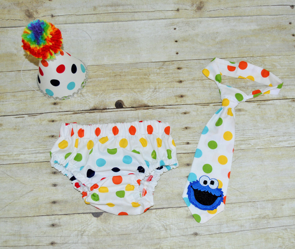 cookie monster cake smash outfit ,cookie monster cake smash boys birthday, tie, boys first birthday outfit, sesame street, multi polka dots