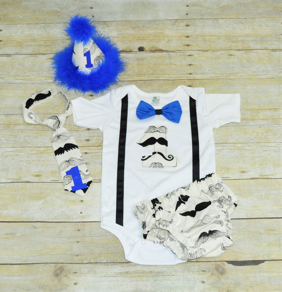 Mustache cake smash outfit with party hat,Royal blue mustache First Birthday Outfit, 1st birthday outfit, First Birthday Cake Smash