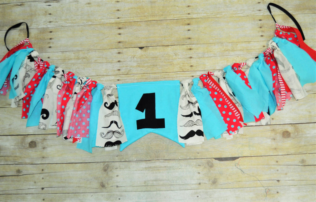 mustache high chair banner, mustache first birthday banner,mustache rag banner, mustache bunting, black, teal, red, i am 1 high chair banner