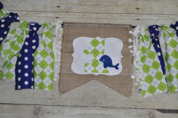 whale high chair banner,whale first birthday banner,whale rag banner, whale bunting, blue, lime green, argyle, i am 1 high chair banner