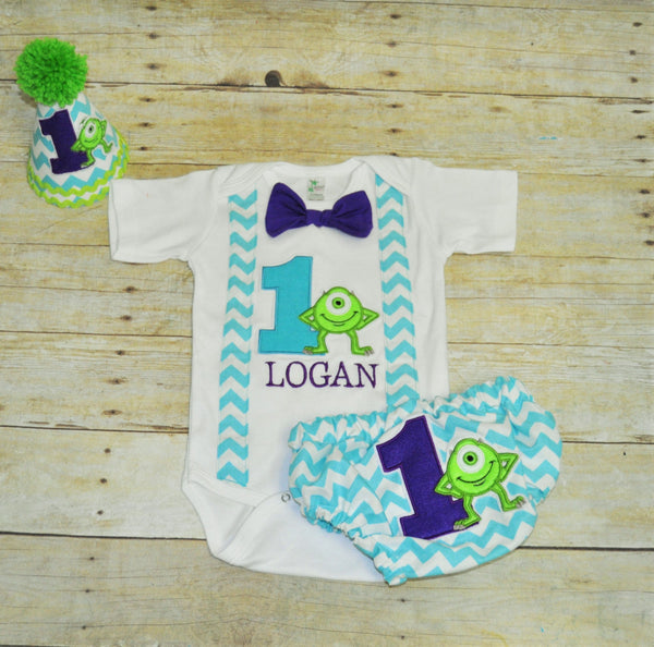 Monster birthday outfit with party hat, Monsters inc  cake smash, smash cake ,personalized Monster Shirt, 1st birthday outfit, monster tie