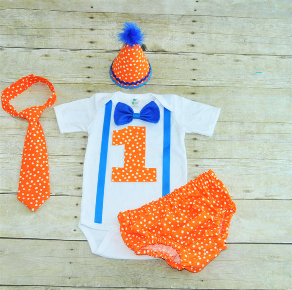 orange polka dot cake smash outfit, orange and blue birthday outfit, First Birthday Outfit, 1st birthday outfit, orange polka dot tie, hat