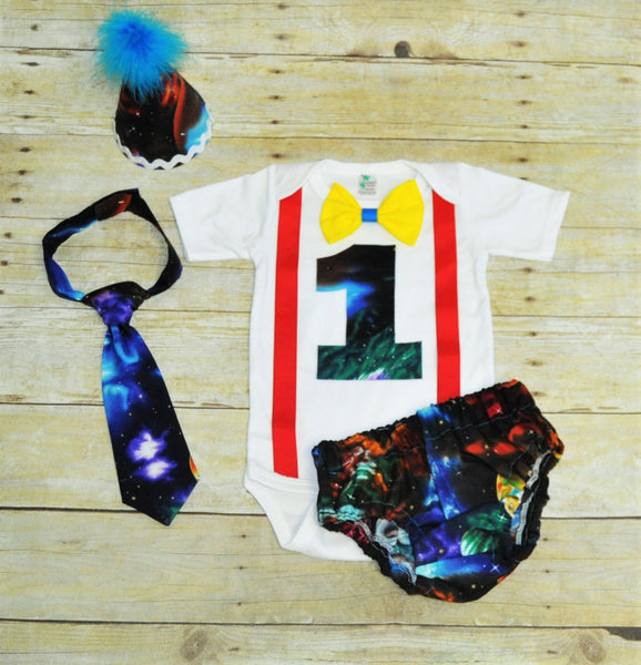 galaxy cake smash outfit, planets birthday outfit, outter space Birthday Outfit, 1st birthday outfit, tie, hat