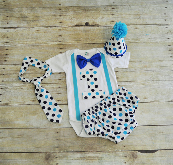 blue polka dot birthday outfit, blue dots birthday shirt, 1st 2nd 3rd birthday, blue and white polka dot cake smash, blue dot tie, blue  hat