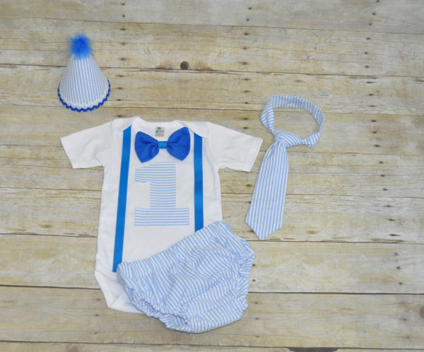 blue seersucker birthday outfit, blue striped birthday shirt, 1st 2nd 3rd birthday, blue and white stripe cake smash, tie, hat, banner