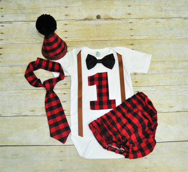 lumberjack cake smash outfit, lumberjack cake smash,  boys birthday outfit, red and black tie, boys first birthday outfit, checkers