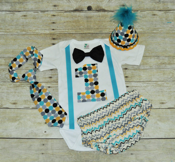 polka dot and chevron cake smash outfit with party hat, aqua, gray, yellow, birthday shirt, 1st 2nd 3rd  birthday, 1st birthday outfit