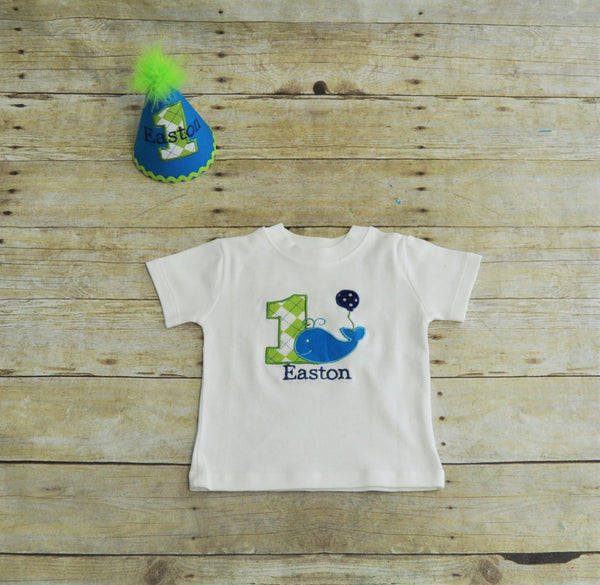 personalized whale first birthday bodysuit with hat, nautical birthday shirt, 1st 3nd 3rd birthday cake smash outfit, lime green and blue