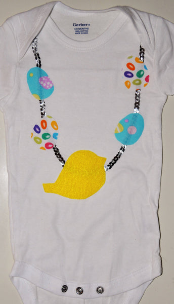 Baby Girl/Toddler Easter shirt Easter necklace with yellow chick and eggs. Easter bodysuit, chick bodysuit. Easter Baby shirt, girl bodysuit