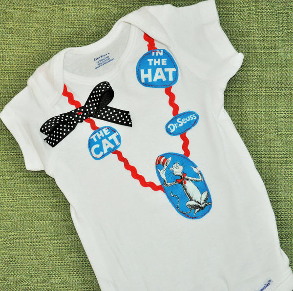 Baby Girl/ Toddler Dr. Seuss bodysuit Dr Suess necklace with  character and words. Cat in the hat black polka dot bow. Girl bodysuit romper.