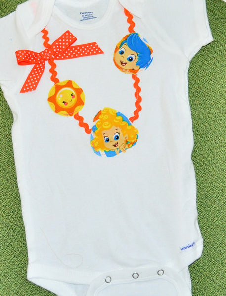 girl Bubble Guppies bodysuit Bubble Guppies necklace with Bubble Guppies images with orange polka dot bow, Girl bodysuit romper.