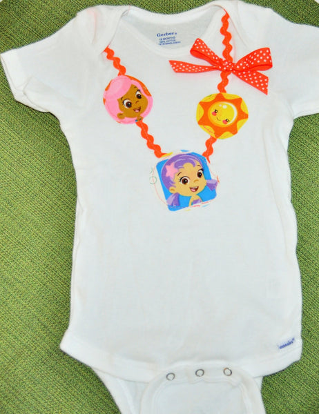 girl Bubble Guppies bodysuit Bubble Guppies necklace with Bubble Guppies images with orange polka dot bow, Girl bodysuit romper.