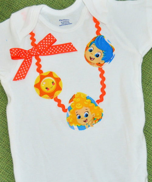 girl Bubble Guppies bodysuit Bubble Guppies necklace with Bubble Guppies images with orange polka dot bow, Girl bodysuit romper.