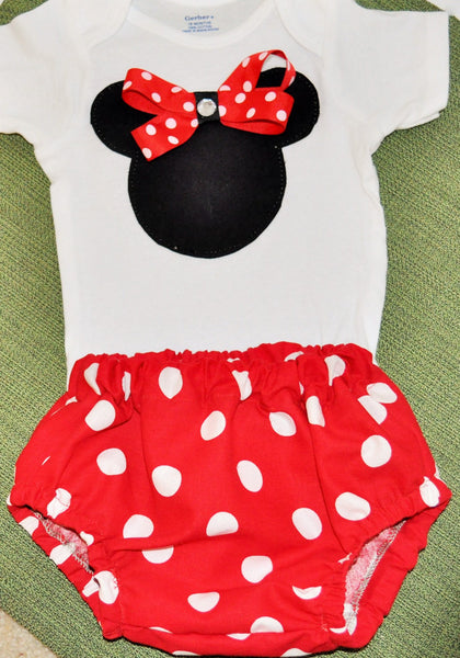 Baby Girl Minnie Mouse Cake smash bloomers and bodysuit,  Red and white polka dot diaper cover.