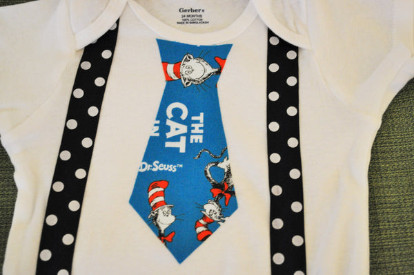 Rylo Dr. Seuss bodysuit Dr Suess tie and black with white polka dot suspenders. Baby Bodysuit Creeper Boy Romper Baby One Piece