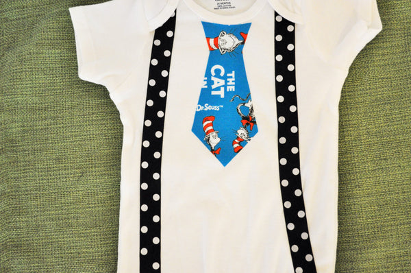 Rylo Dr. Seuss bodysuit Dr Suess tie and black with white polka dot suspenders. Baby Bodysuit Creeper Boy Romper Baby One Piece