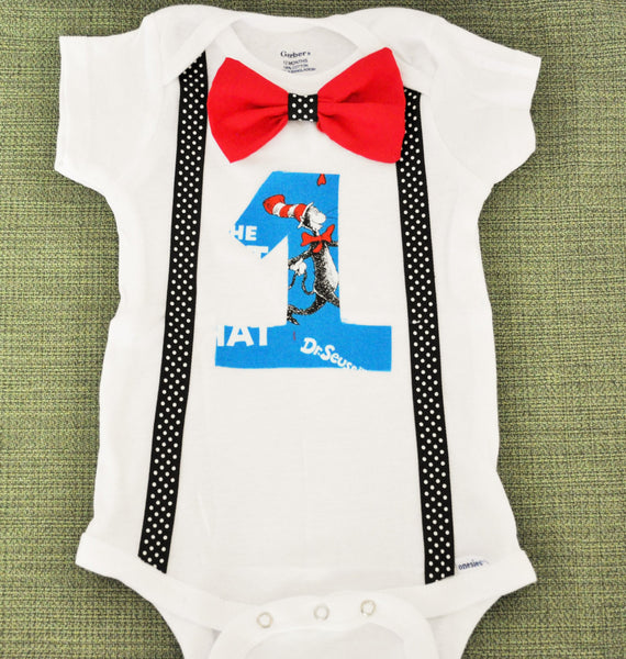 Dr. Seuss birthday bodysuit & red bowtie and polka dot suspenders. Cat in the Hat Outfit, Dr Seuss Shirt Cake smash 1st 2nd 3rd birthday