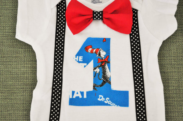 Dr. Seuss birthday bodysuit & red bowtie and polka dot suspenders. Cat in the Hat Outfit, Dr Seuss Shirt Cake smash 1st 2nd 3rd birthday