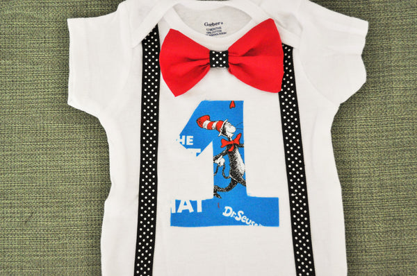 Dr. Seuss birthday bodysuit & red bowtie and polka dot suspenders. Cat in the Hat Outfit, Dr Seuss Shirt Cake smash 1st 2nd 3rd birthday