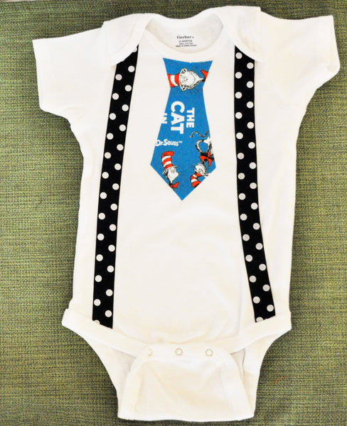 Rylo Dr. Seuss bodysuit Dr Suess tie and black with white polka dot suspenders. Baby Bodysuit Creeper Boy Romper Baby One Piece