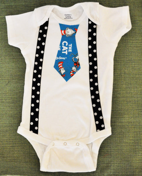 Rylo Dr. Seuss bodysuit Dr Suess tie and black with white polka dot suspenders. Baby Bodysuit Creeper Boy Romper Baby One Piece