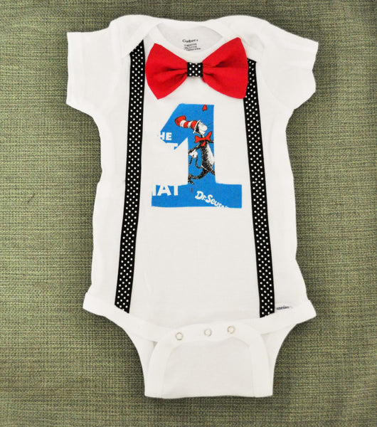 Dr. Seuss birthday bodysuit & red bowtie and polka dot suspenders. Cat in the Hat Outfit, Dr Seuss Shirt Cake smash 1st 2nd 3rd birthday