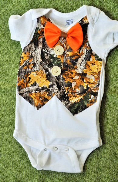 Camo Vest orange bowtie and camo bodysuit camo vest or Tshirt. Camouflage vest, hunter cake mash. birthday cowboy.