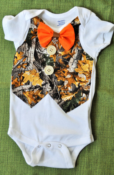 Camo Vest orange bowtie and camo bodysuit camo vest or Tshirt. Camouflage vest, hunter cake mash. birthday cowboy.