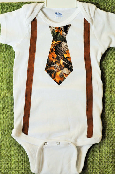 boy tie and suspenders bodysuit,green and grey camo tie and brown suspenders bodysuit or Tshirt. Camouflage tie and brown suspenders