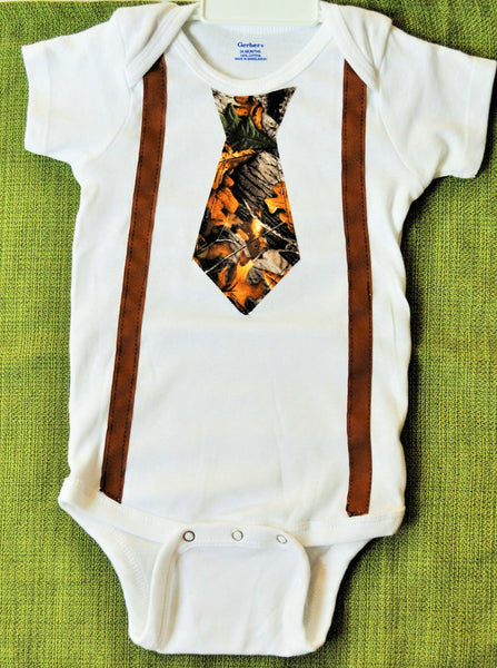 boy tie and suspenders bodysuit,green and grey camo tie and brown suspenders bodysuit or Tshirt. Camouflage tie and brown suspenders