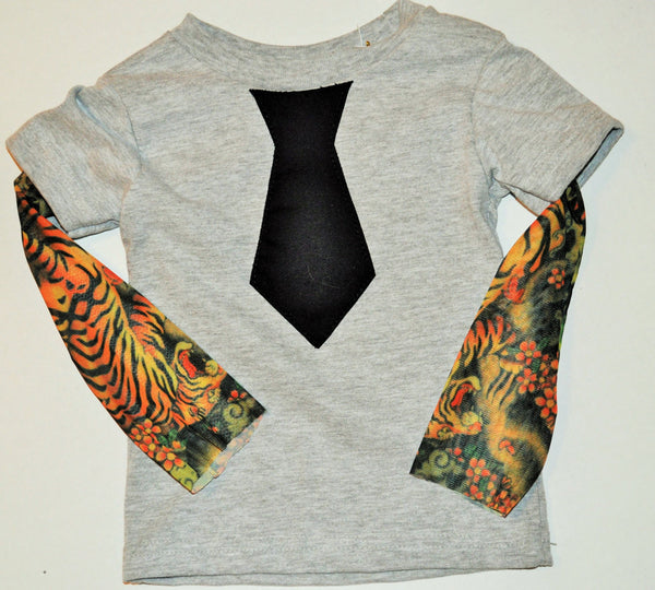 baby boy/toddler Tattoo sleeve bodysuit or T-shirt with black tie. Tigers on sleeves and more  stylish, rocker baby, cake smash