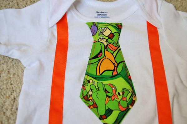 Teenage Mutant Ninja Turtles TMNT tie with matching suspenders bodsuit Tshirt Leonardo Michelangelo Donatello Raphael cake smash