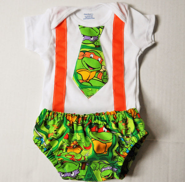 Baby/Toddler Teenage Mutant Ninja Turtles cake smash diaper cover or shorts and shirt tie with matching suspender, cake smash