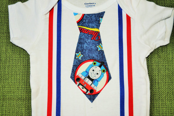 Thomas the Train Tie with red white and blue suspenders bodysuit or tShirt. Toddlers, cake smash, 4th of July, Memorial Day