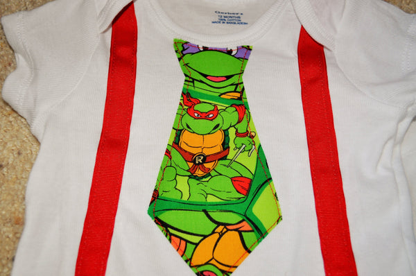 Teenage Mutant Ninja Turtles TMNT tie with matching suspenders bodsuit Tshirt Leonardo Michelangelo Donatello Raphael cake smash