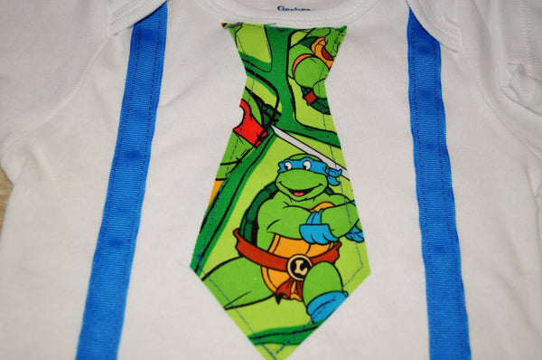 Teenage Mutant Ninja Turtles TMNT tie with matching suspenders bodsuit Tshirt Leonardo Michelangelo Donatello Raphael cake smash