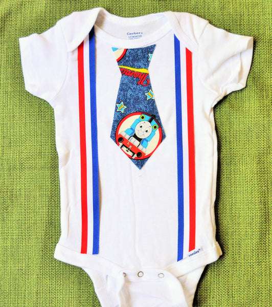 Thomas the Train Tie with red white and blue suspenders bodysuit or tShirt. Toddlers, cake smash, 4th of July, Memorial Day