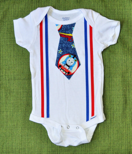 Thomas the Train Tie with red white and blue suspenders bodysuit or tShirt. Toddlers, cake smash, 4th of July, Memorial Day