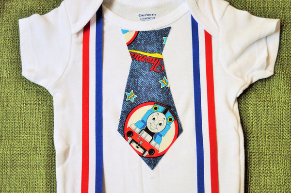 Thomas the Train Tie with red white and blue suspenders bodysuit or tShirt. Toddlers, cake smash, 4th of July, Memorial Day