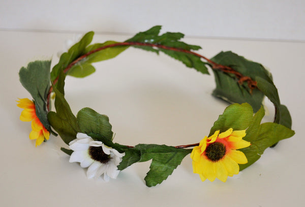 sunflower crown. Perfect for use headpiece, headband, flower girl, country wedding, bridal flowers, white and yellow sunflowers