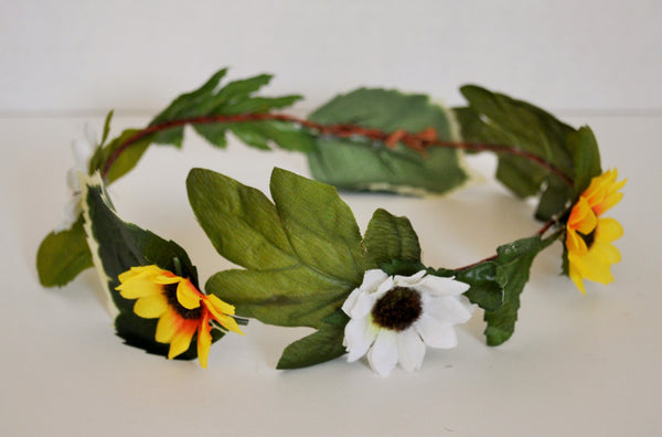 sunflower crown. Perfect for use headpiece, headband, flower girl, country wedding, bridal flowers, white and yellow sunflowers