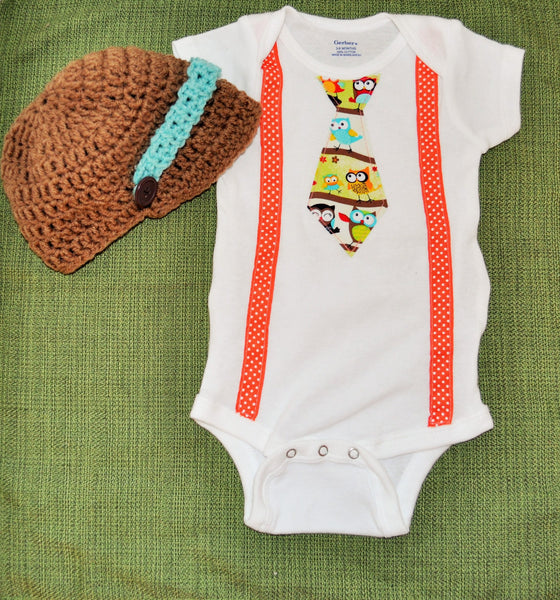 Owl Birthday outfit, owl leg warmers, owl tie bodysuit, matching crochet newspaper boy hat, owl cake smash