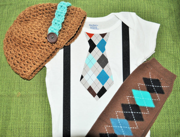 Baby/Toddler Cake smash set argyle brown and teal tie bodysuit and suspenders with argyle baby leg warmers and brown and teal crochet hat