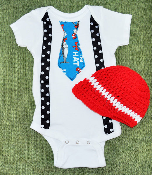 Dr. Seuss cake smash bodysuit Dr Suess tie and black with white polka dot suspenders and red crochet hat