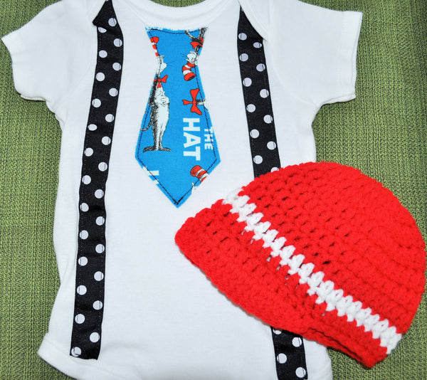 Dr. Seuss cake smash bodysuit Dr Suess tie and black with white polka dot suspenders and red crochet hat