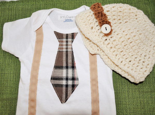 boy Preppy boy plaid argyle brown cream and grey tie bodysuit and suspenders with crochet hat. birthday, cake smash