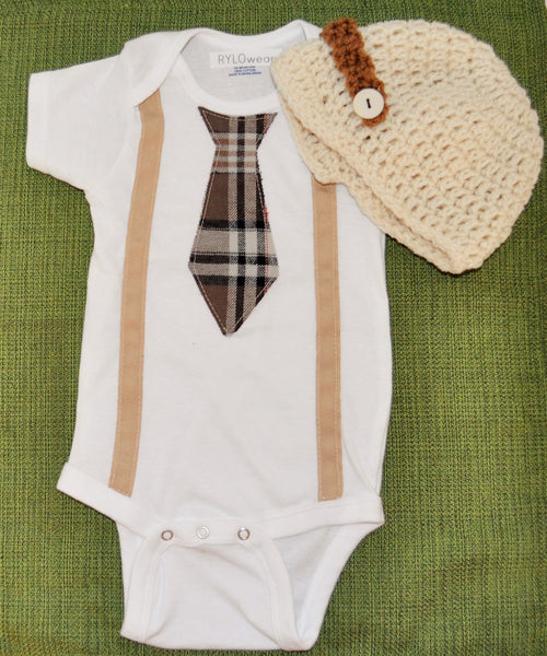 boy Preppy boy plaid argyle brown cream and grey tie bodysuit and suspenders with crochet hat. birthday, cake smash